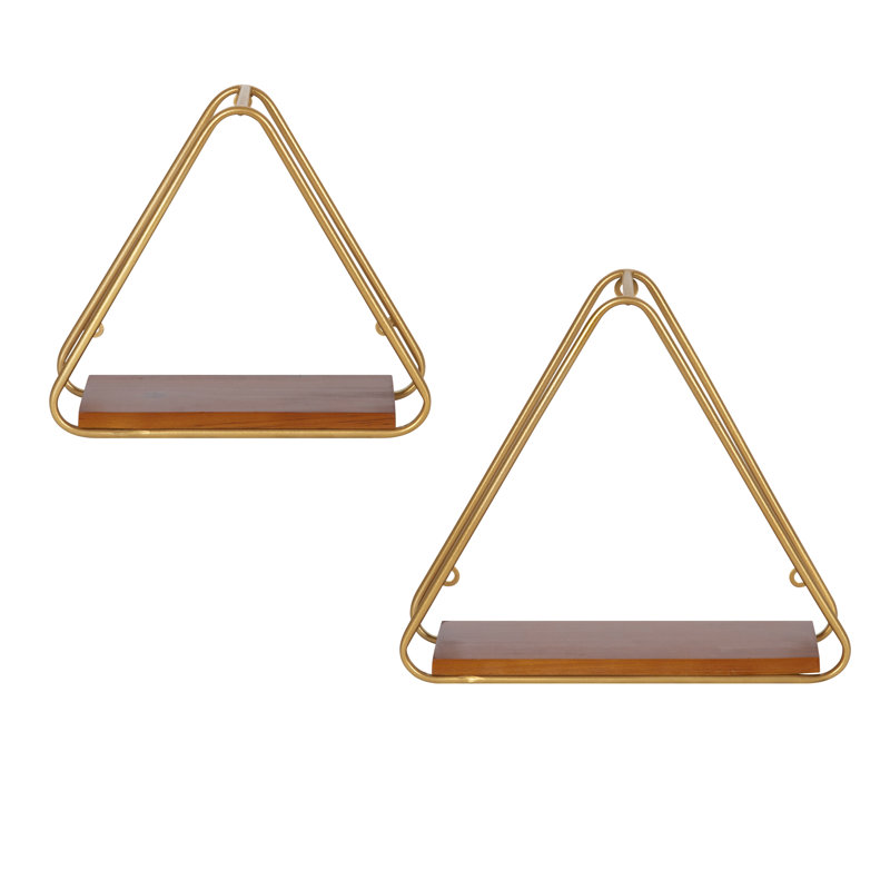 2 Piece Triangle Accent Shelf, Walnut Brown/Gold