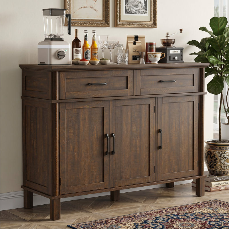 Buffet 47,2 "de large avec 2 tiroirs - Console noire avec tablettes réglables - Crédence de rangement à 3 portes - 5 pieds renforcés