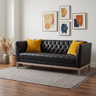 3-Seater Chesterfield Tufted PU Leather Sofa, Mid-Century Modern Deep Seat Couch with Solid Wood Legs for Living Room
