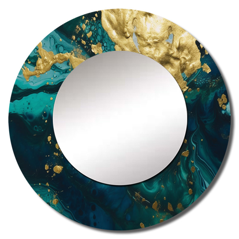 Sarcelle et or liquide Magic I - miroir abstrait, miroir mural décoratif bleu sarcelle, impression d'art en métal, Rond