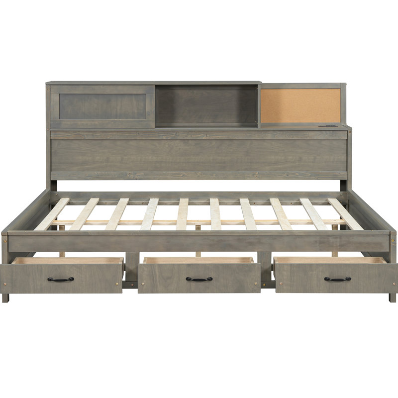 Lit de jour gris avec structure en bois, tiroirs de rangement, tableau souple supérieur et dispositif - Alimentation de charge pour les appareils en bois, avec 3 tablettes, électronique pratique