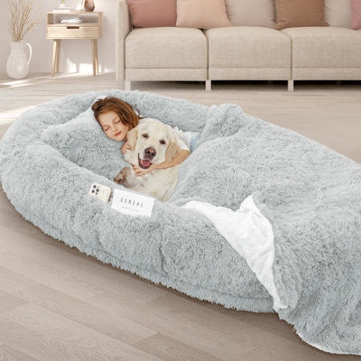 Grand lit pour chien de 71 po avec oreiller dodu, couverture, sangle - gris