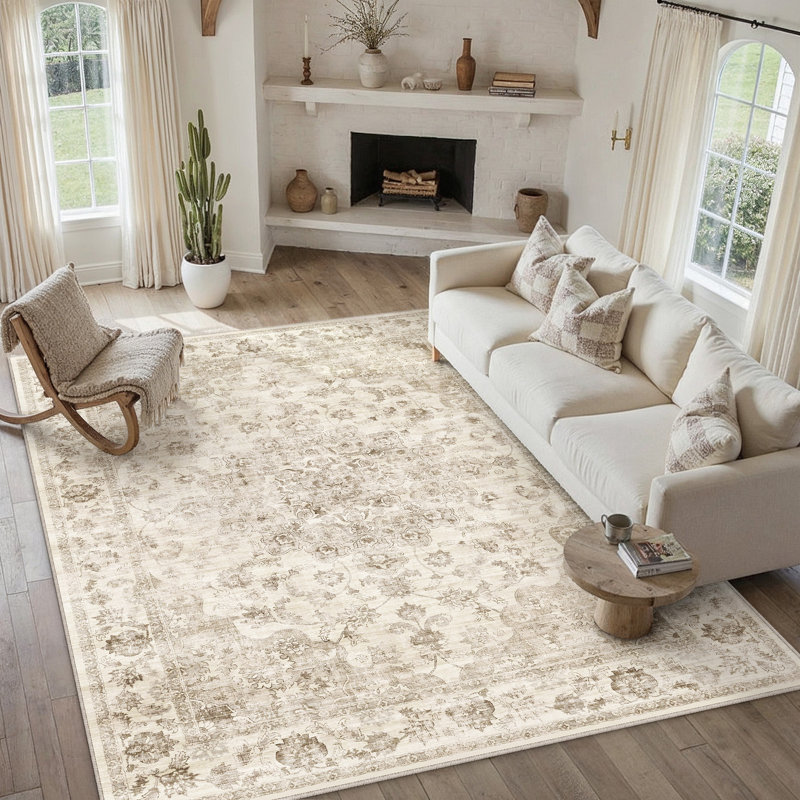 Kitty Washable Vintage Beige Area Rug with Non-Slip Backing for Living Room, Rectangle 8' x 10'