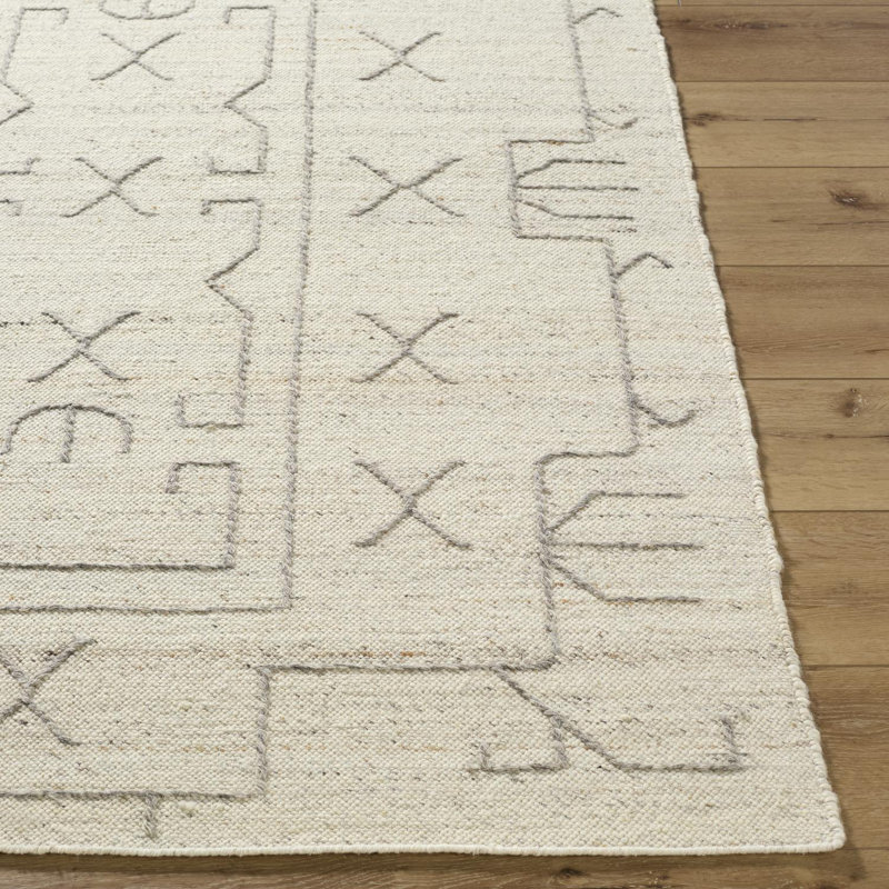 Rectangle Tobbie Geometric Hand Woven Flatweave Wool Area Rug in Pearl, Rectangle 9' x 12'