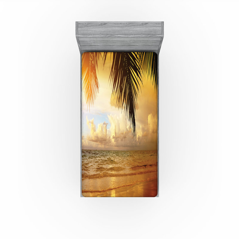 Ensemble de 2 draps-housse Ambesonne Beach Sunset Caribbean Palms Orange foncé / bleu pâle, Drap-housse de taille simple