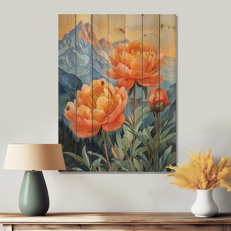 Les pivoines d'été et le lever du soleil I - impression de pivoines sur bois de pin naturel, H 44 po x l 34 po x P 0,78 po