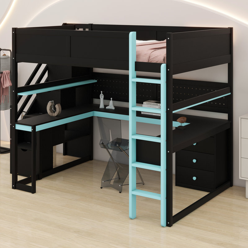 Lit mezzanine en bois multifonctionnel avec configuration de jeu, marches de rangement, bureau et panneau perforé d'organisation