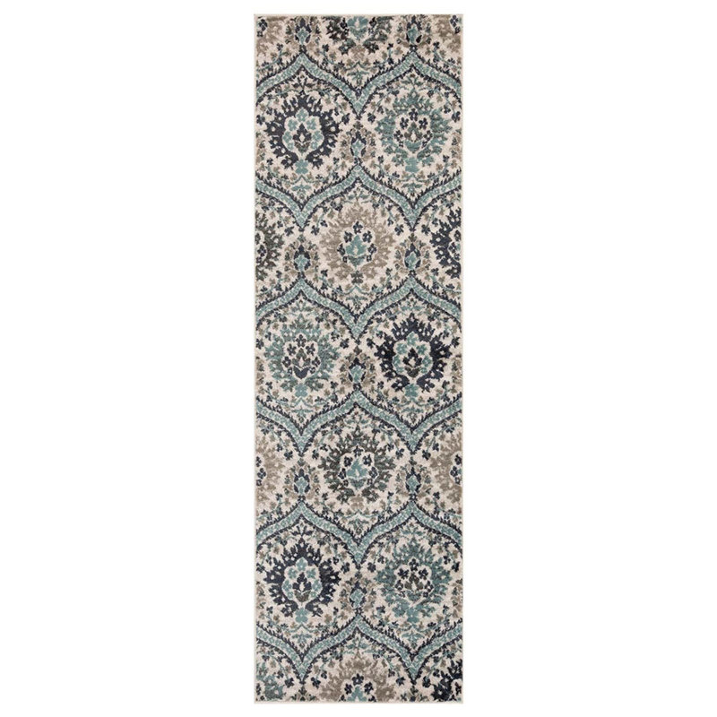 Lyllia 10' Ivory Blue and Gray Medallion Runner Rug, Runner 8'