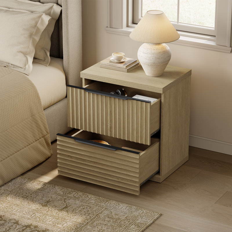 Modern Fluted 2-Drawer Nightstand, Coastal Oak
