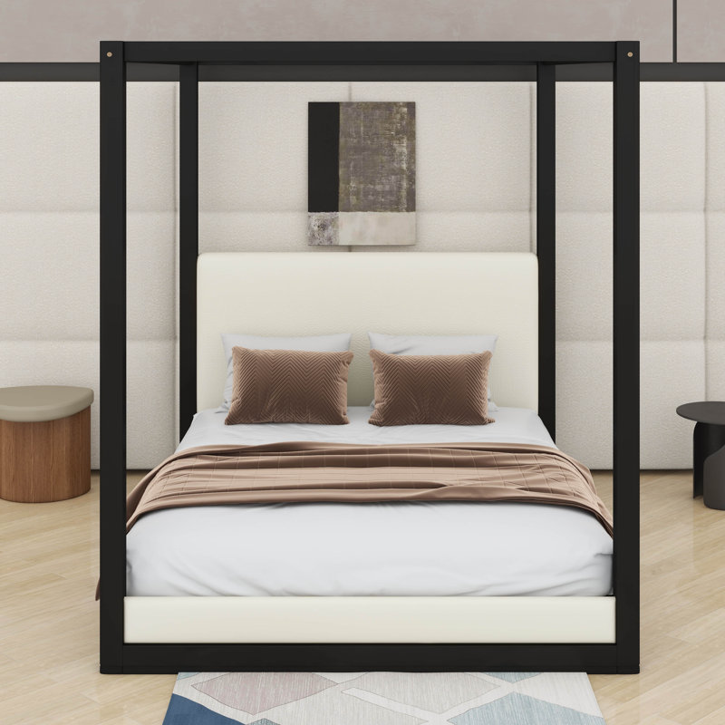 Lit plateforme à baldaquin avec tête de lit tapissier, structure en bois avec poteaux et support à lattes en bois, Grand lit