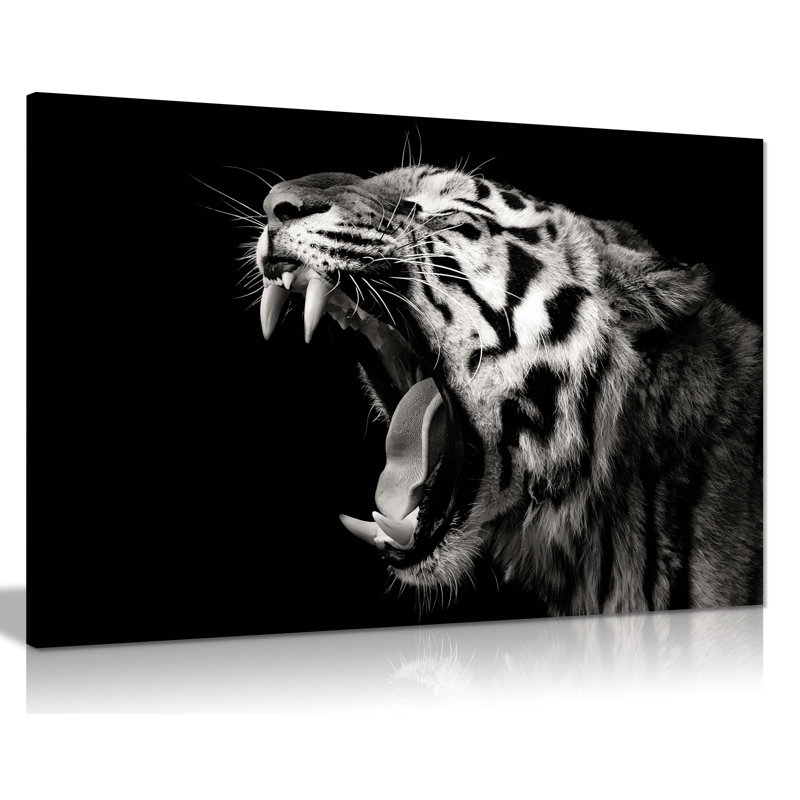 Black And White Yawning Tiger Artistic - Wrapped Canvas Print, 20cm H x 31cm W