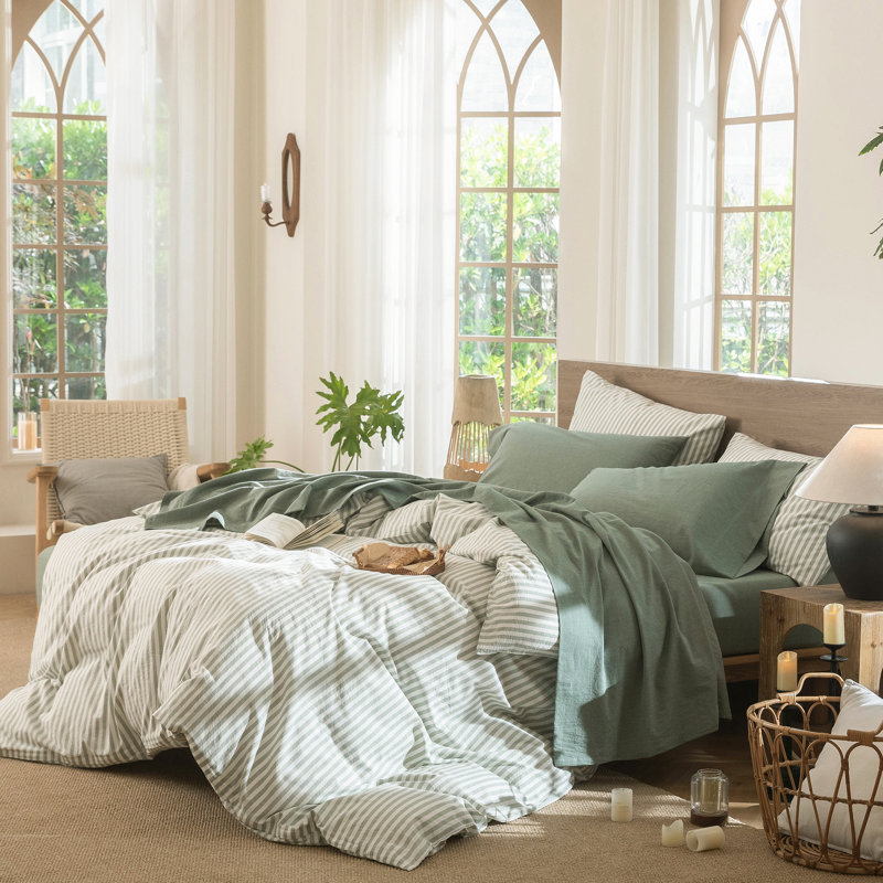 Ensemble de draps 100% coton délavé MooMee, Vert bruyère, Ensemble de draps pour lit double avec 2 taies d'o
