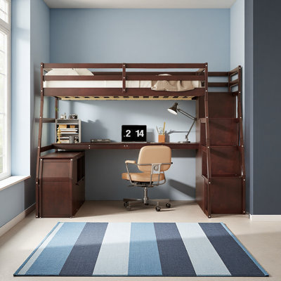 Lit mezzanine double avec 7 tiroirs, 2 tablettes et un bureau