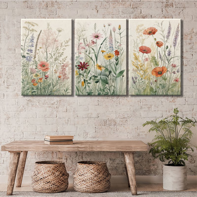 Doux aquarelle de coquelicots fleurs sauvages botaniques neutres sur toile tendue prête à être suspendue à la ferme 3 pièces