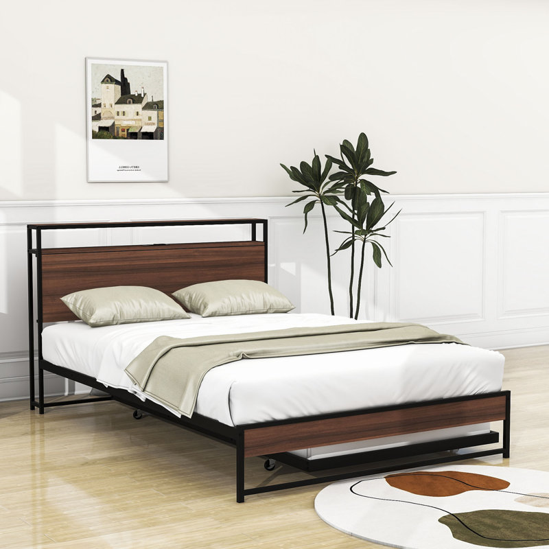 Uleena Platform Bed with Trundle and Headboard, Full, Black