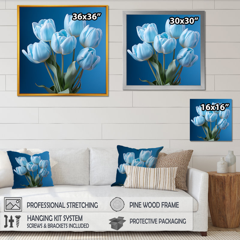 «Azure Blue Tulips Bloom IV» sur toile, H 30 po x l 30 po x P 1 po, Cadre simple blanc