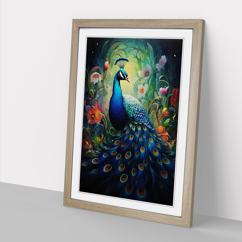 Peacock Modern - Single Picture Frame Print on Wood, 34cm H x 25cm W x 2cm D, Oak Framed