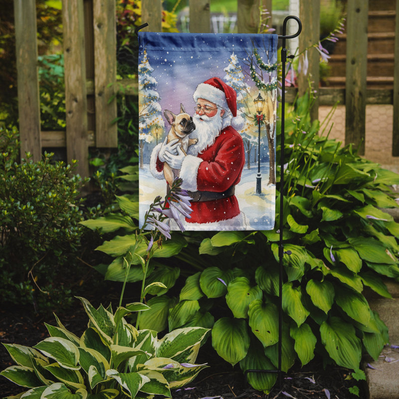 Bouledogue français avec le drapeau du jardin du père Noël, Taille du jardin, Bouledogue français