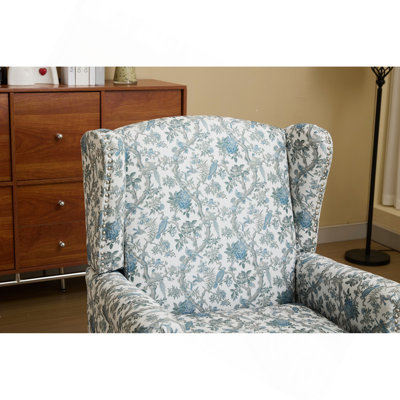 Chaise d'appoint moderne avec pieds en bois rétro, fauteuil rembourré confortable, fauteuil à motif floral simple pour bureau de chambre à coucher salon - oiseau bleu