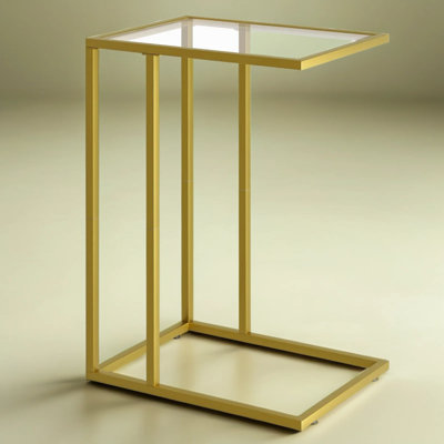 Modern C-Shaped End Table With Tempered Glass Top, Space-Saving Side Table For Couch, Bedside, And Living Room, Sturdy Metal Frame Design