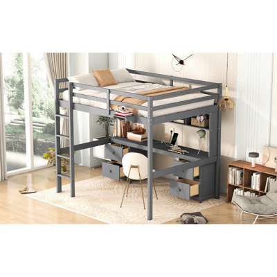 Lit mezzanine gris avec bureau, rangement généreux, tiroirs et armoire de charge