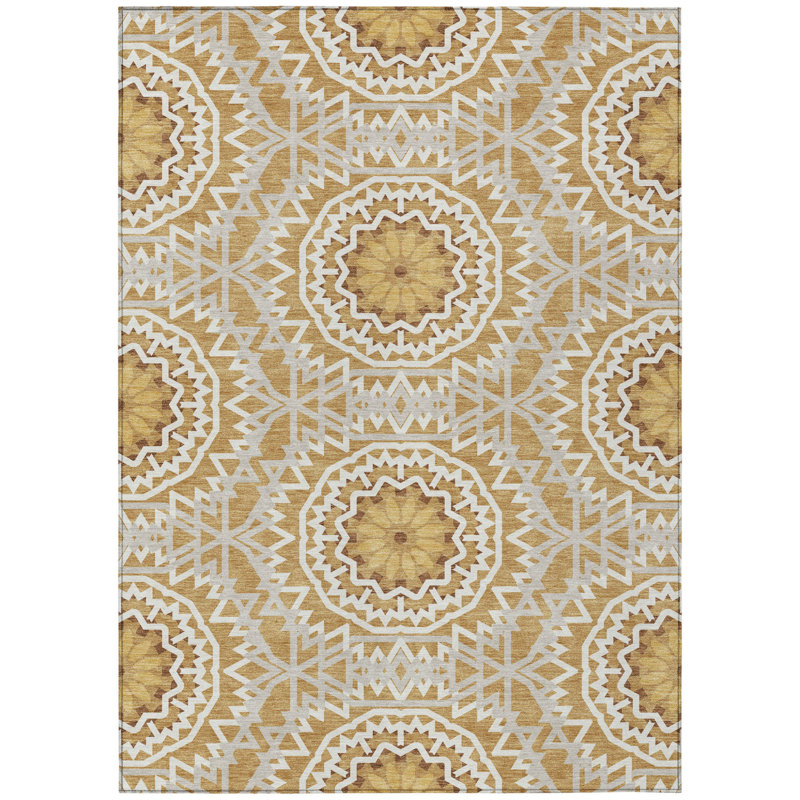 Tapis intérieur lavable 9 pi x 12 pi gris doré et ivoire à médaillon floral