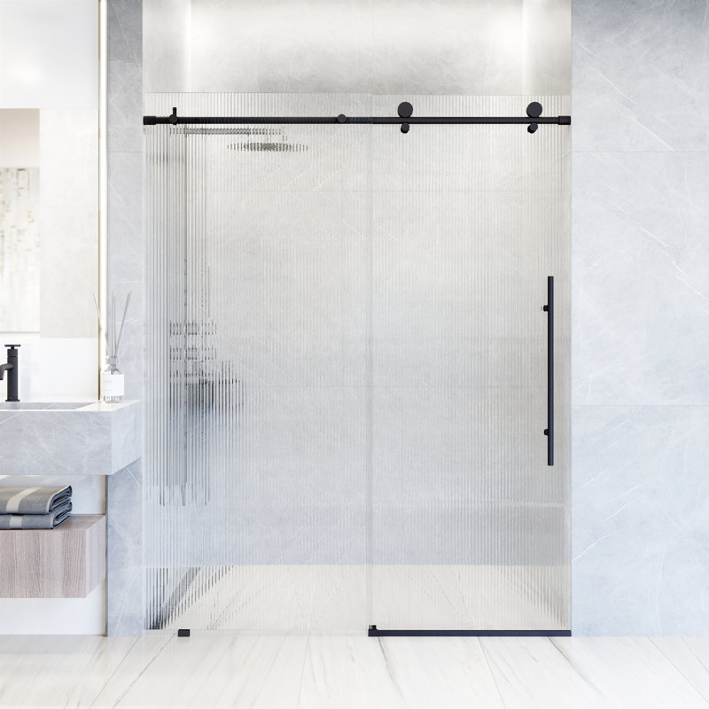 Porte de douche coulissante sans cadre avec verre cannelé 3/8 po Elan E 56 po x l 76 po, Noir mat, Droite