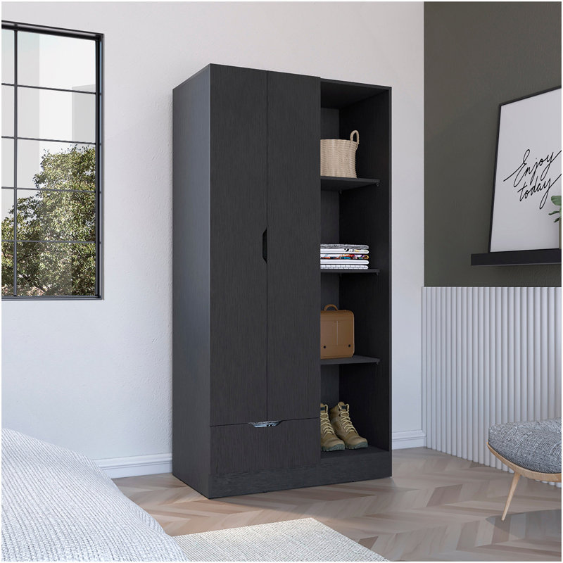 Armoire 71H "avec 1 tiroir et 4 tablettes ouvertes à 2 niveaux, 2 portes, noir, Noir