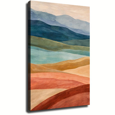 Terracotta Teal Layered Mountain Abstract Landscape Oil Painting Canvas Art, Wrapped Canvas, Ready to Hang