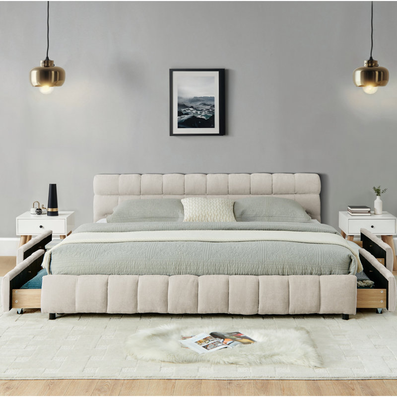 Très grand lit tapissier, base de lit rembourrée confortable, tissu chenille, avec tête de lit et base de lit solide. Avec tiroir pour le rangement