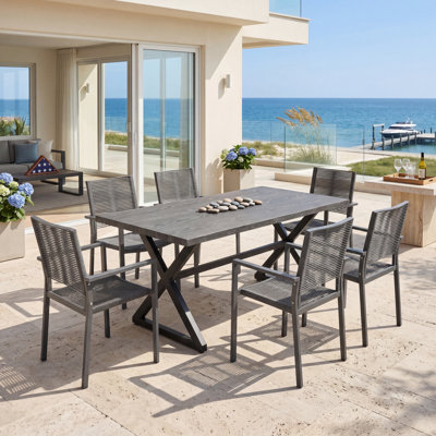 Ensemble repas d'extérieur 7 pièces en aluminium et corde tissée, gris + noir - aluminium + acier, corde - 4 pièces - noir + gris