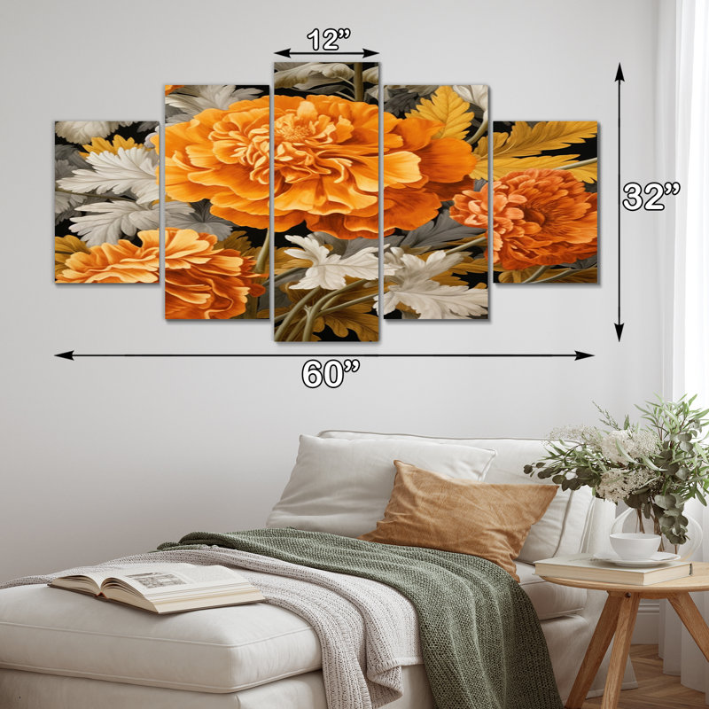 Éclat de souci orange et gris sur toile, 5 pièces