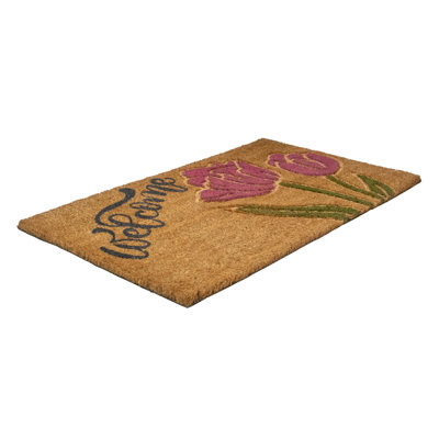 Natural Coir Floral Rectangular "Welcome" Doormat 18" x 30"