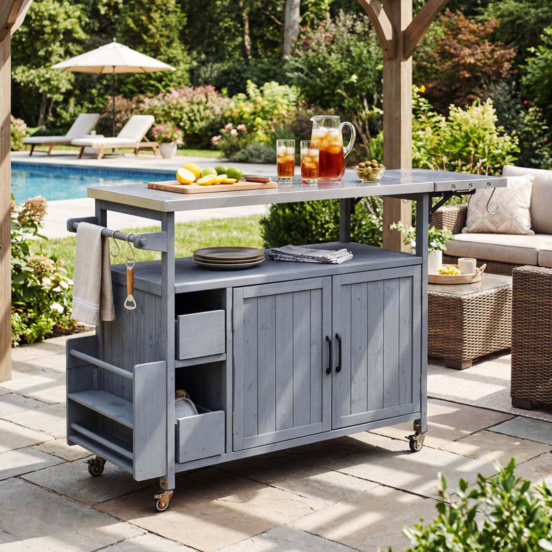 54.33" Farmhouse Rolling Outdoor Kitchen Cart, Solid Wood Frame With Stainless Steel Top, Spice Rack, Towel Rack, Lockable Wheels & Multi-Functional Storage For Patio, Backyard BBQ & Kitchen
