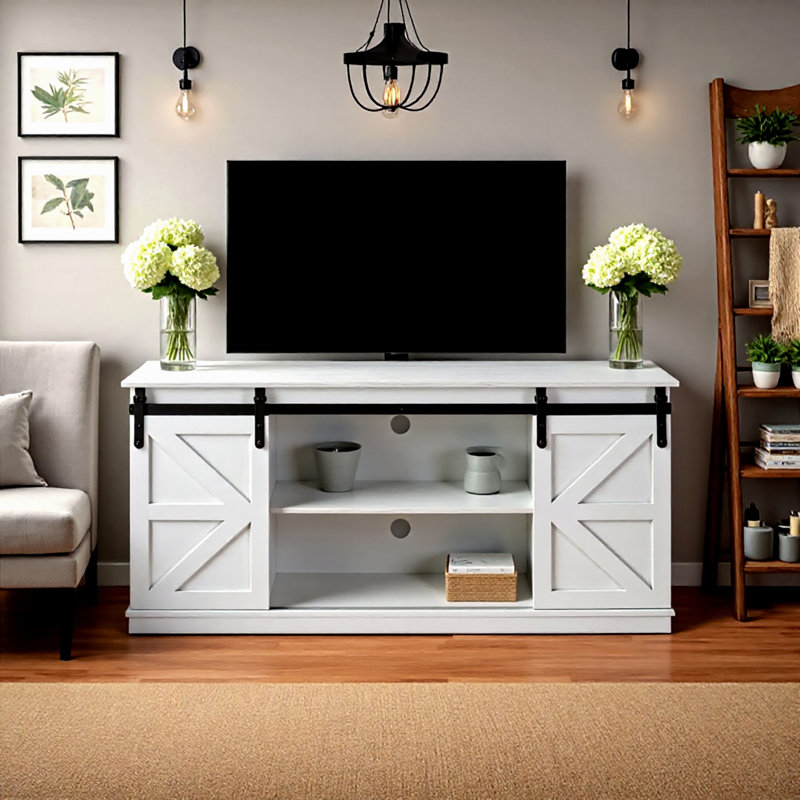 Armoire de rangement 58 po avec portes de grange coulissantes, table d'appoint pour la vie 58 po, blanc