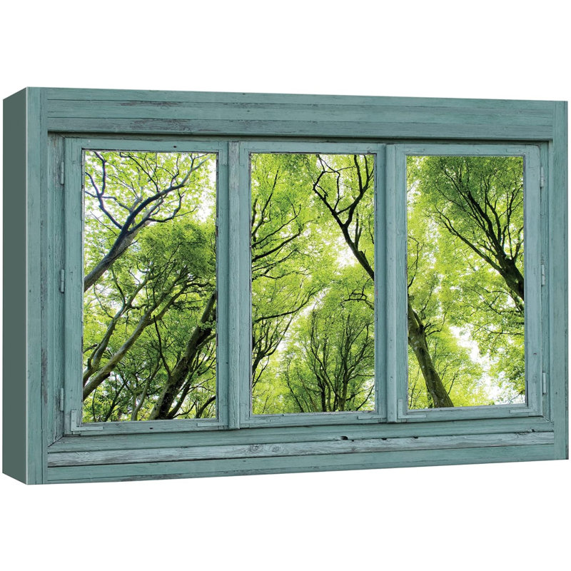 Scène de fenêtre «Vintage Teal Window Look Out Into A Green Forest» sur toile, H 32 po x l 48 po