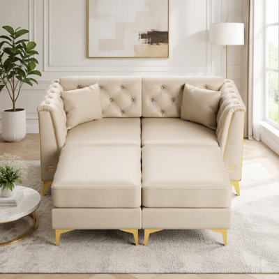 Canapé Chesterfield modulaire léger à 2 places avec 2 repose-pieds, similicuir et pieds en métal