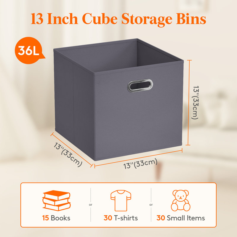 13 Inch Cube Storage Bins, 6 Packs Cube Storage Organizer, Foldable Decorative Fabric Storage Baskets For Organizing Home Organizers With Metal Handles For Shelves, Closet, Gray