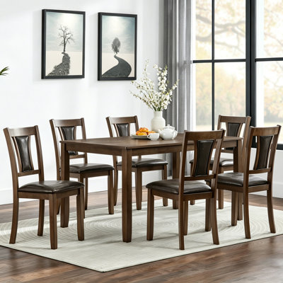 7-Piece Rectangular Dining Table Set With 6 Foam Padded Upholstered Chairs, MDF Birch Veneer Tabletop With Rubberwood Four Leg Support Frame For Indoor Kitchen And Dining Room Daily Use, Walnut