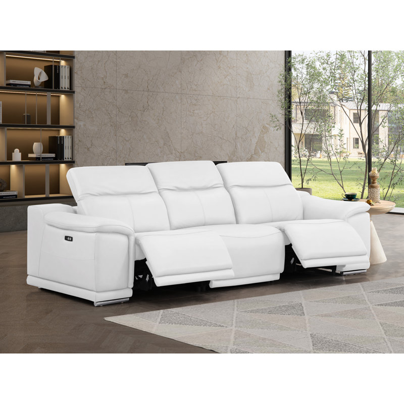 Genuine Leather Sofa With Dual Power Recliners, White