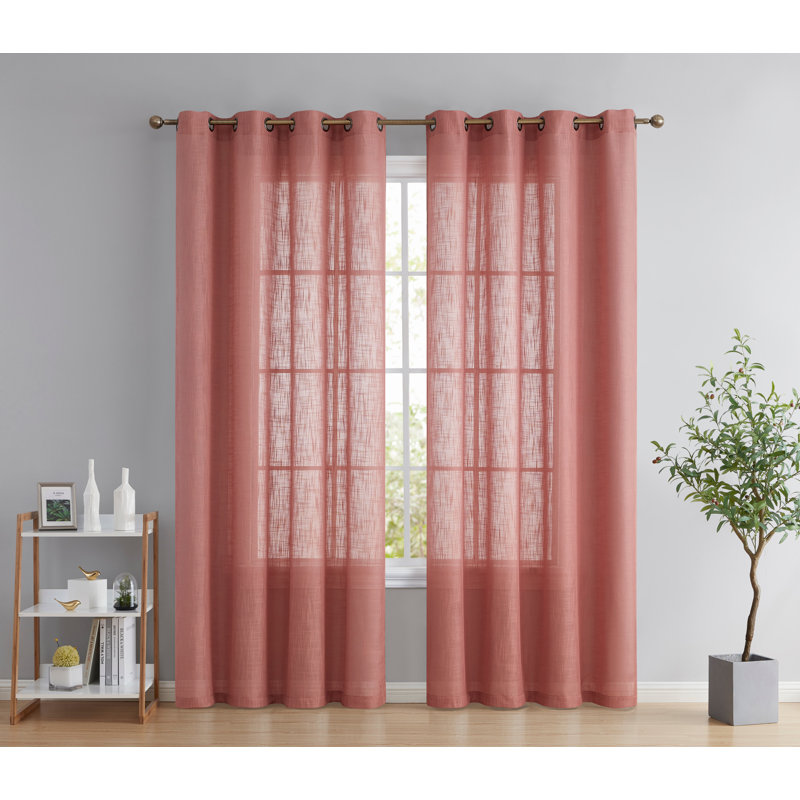 Aleksander Faux Linen Semi Sheer Grommet Curtain Pair, Blush Pink, 54" W x 63" L