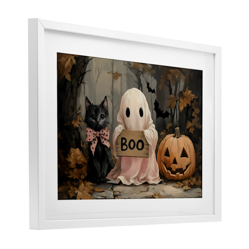 Joli dessin d'Halloween boo encadré sous verre, design par Arlington Prints, H 14 po x l 20 po, Cadre blanc côtier
