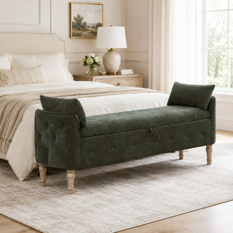 67" Linen Bedroom Storage Bench for End of Bed King Size with Tufted Armrest, 2 Zipper Pocket with Vintage Wooden Feet, 67" W