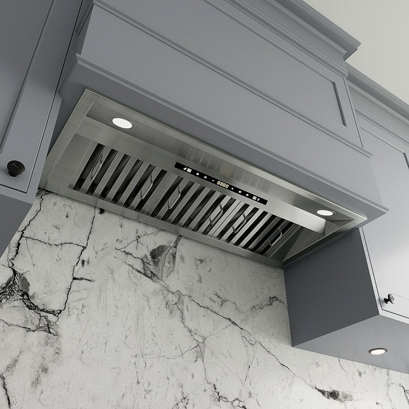 Robinet 34 po T-11791-1-TG Hotte de cuisine à conduit 350 pi³ / min en acier inoxydable brossé avec filtres à chicane, commande à pavé tactile, lumières DEL Frascati
