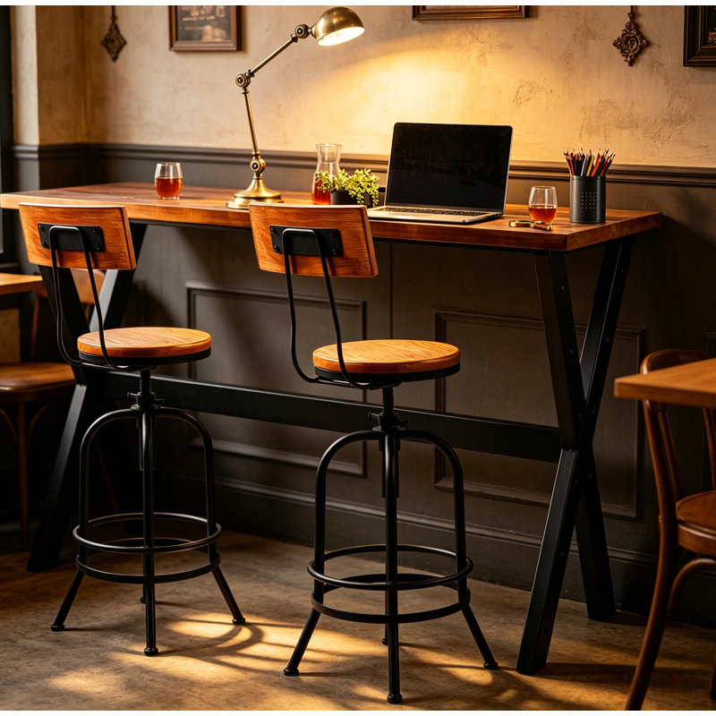 Ensemble de table et de chaises 3 pièces, bar-salle à manger café-pub, métal noir industriel et bois brun rustique, table rectangulaire à pieds en X, 2 tabourets de bar pivotants réglables avec dossier