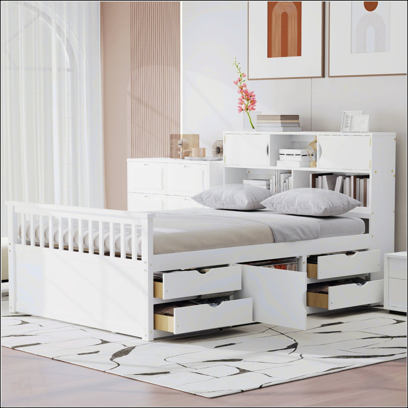Structure de lit plateforme double pleine grandeur avec bibliothèques de rangement et tablettes, quatre tiroirs, blanc