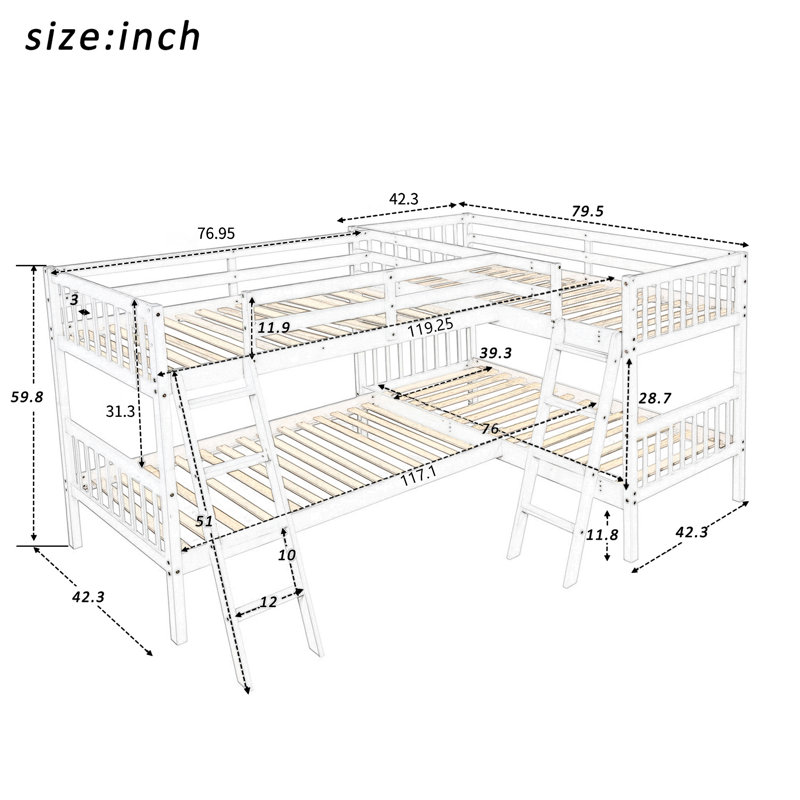 L-Shaped Bunk Bed With Ladder,Twin Size-Gray
