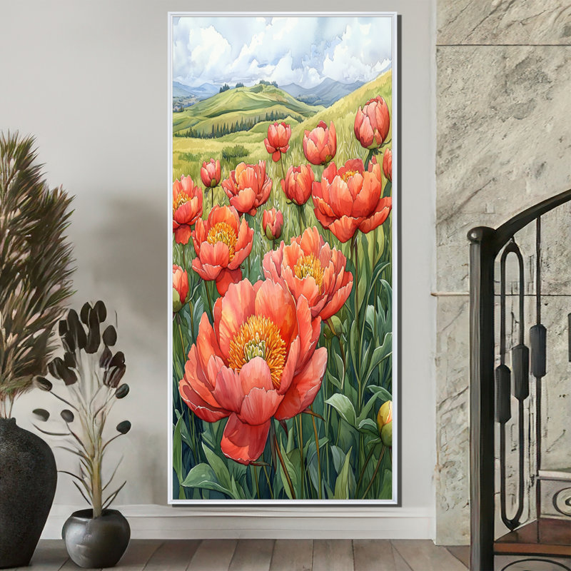 Elyria pivoines dans la prairie roulante I - pivoines, art mural, H 60 po x l 28 po, Reproduction avec cadre flottant, Blanc