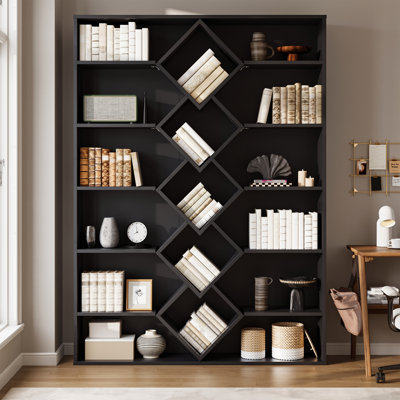 Bibliothèque à 6 niveaux, bibliothèque avec compartiments décoratifs en diamant, 46,7 po x 9,4 po x 70,9 po