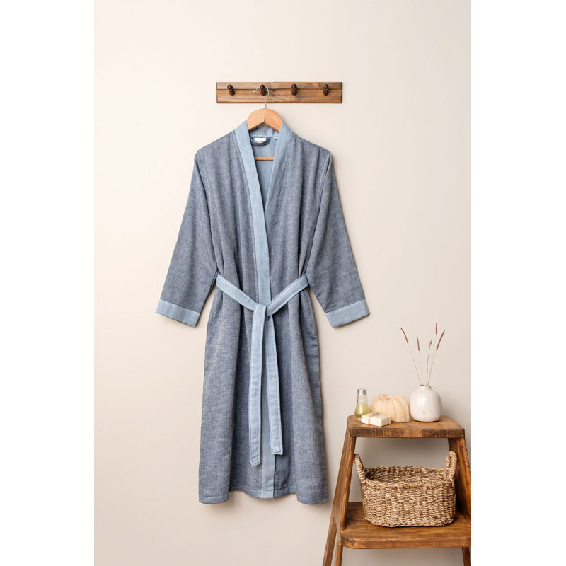 Peignoir 100% coton mi-mollet avec poches, P / M, Bleu